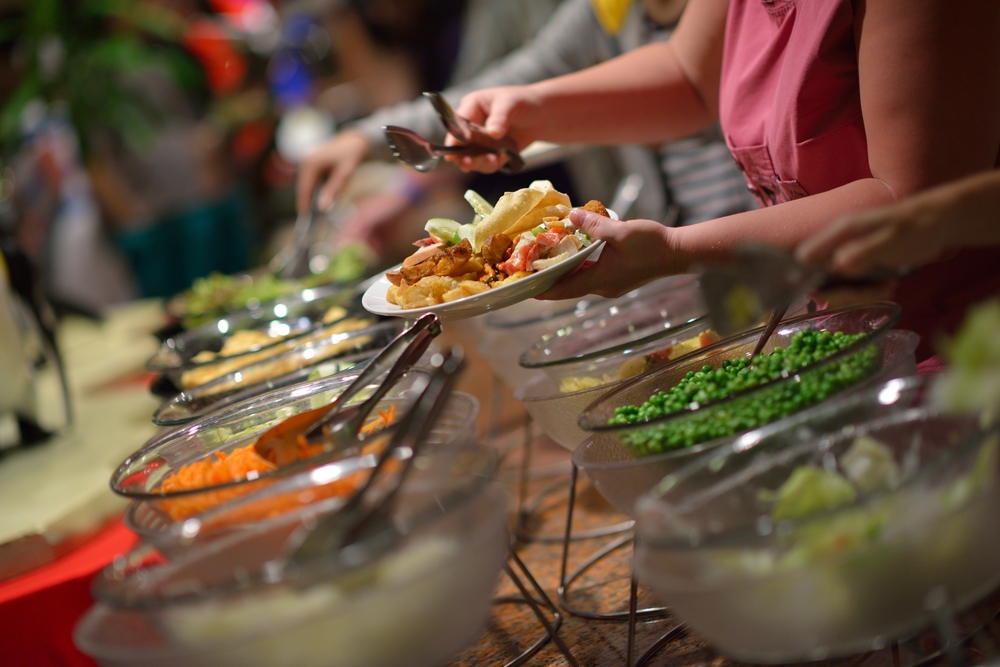 catering buffet food indoor in luxury restaurant with meat colorful fruits  and vegetables